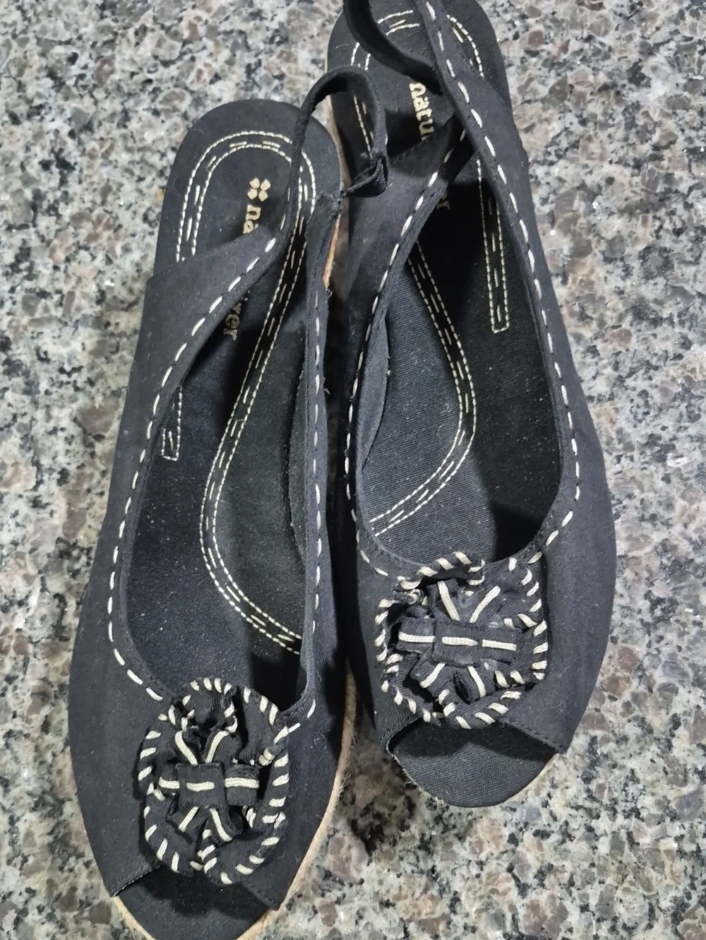 Naturalizer Black Canvas Espadrille Wedges with Knot Accent